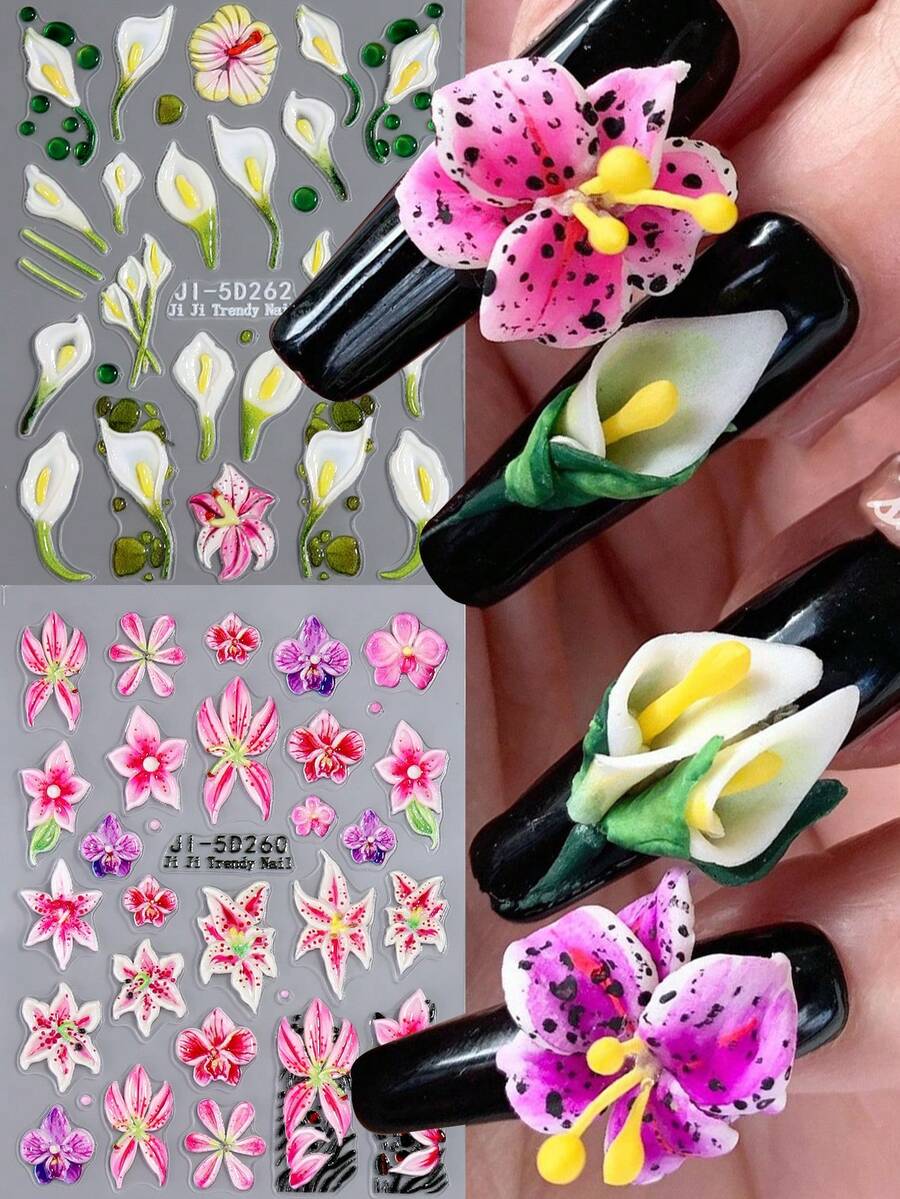 5D Spring Summer Pink Floral Leopard Pattern Nail Art Stickers Featuring Calla Lily Designs, Self-Adhesive Nail Decals For And Women, Perfect For Manicure Decoration - 彩色 - 查看 1