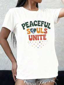 Camiseta Peace Soul Union, camiseta divertida de manga corta para mujer, edición limitada en color blanco, camiseta estampada informal para primavera y otoño, ropa moderna para primavera y verano, perfecta para el uso diario y de fin de semana, ideal para el uso cotidiano. Top cómodo y versátil de manga corta. - Blanco - Ver 7