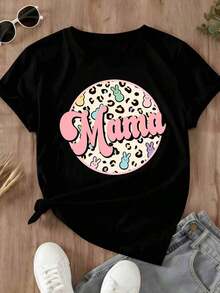 Camiseta de Cuello Redondo para Mujer con Estampado de Leopardo y Conejitos Coloridos para Uso Casual y Celebraciones de Pascua - Negro - Ver 2