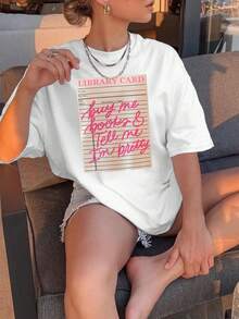 Tarjeta de biblioteca: Comprame un libro. Camiseta con Estampado "Entonces Complímétame por Mi Apariencia": Crea sin Esfuerzo un Look Dulce y Casual. Perfecto para el tiempo libre de verano. Desplazamientos Diarios. Salidas informales. ¡y Vacaciones! - alta calidad - Blanco - Ver 7