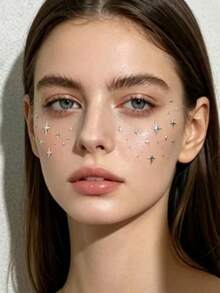 1pc Silver Starry Rhinestone Face Sticker, Adhesive-Free Design, Easy To Create European And American Vibe Makeup. Star Patterns Decorate Cheeks And Eye Area, Suitable For Music Festivals, Parties, Stage Performances, Festival Style - Multicolor - View 3
