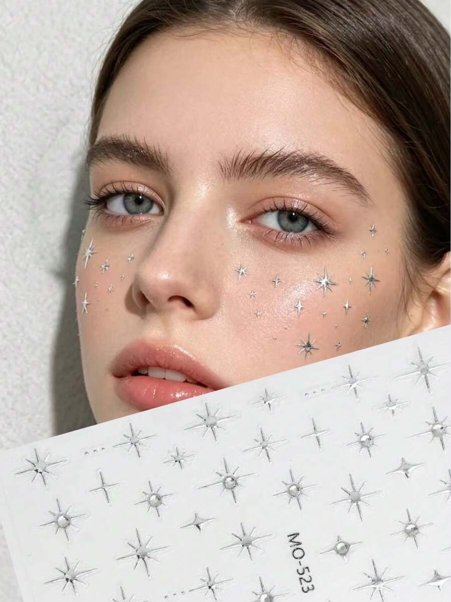 1pc Silver Starry Rhinestone Face Sticker, Adhesive-Free Design, Easy To Create European And American Vibe Makeup. Star Patterns Decorate Cheeks And Eye Area, Suitable For Music Festivals, Parties, Stage Performances, Festival Style - Multicolor - View 1