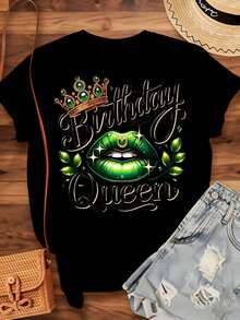 1 camiseta de "Reina del Cumpleaños" con diseño de corona y labios verdes para mujer, regalo de celebración de cumpleaños, atuendo de fiesta, ropa casual de verano, 180g, 100% algodón. - Negro - Ver 3