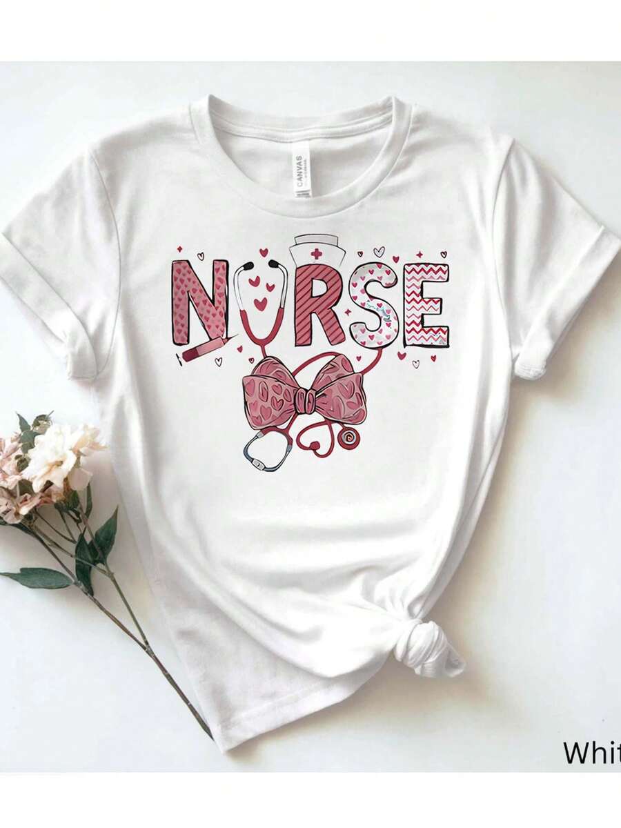 Camiseta de algodón oversize para mujer 2026: "Enfermera" con lazo y símbolo médico, cómoda, suave, sencilla, para uso diario, de manga corta. - Blanco - Ver 1