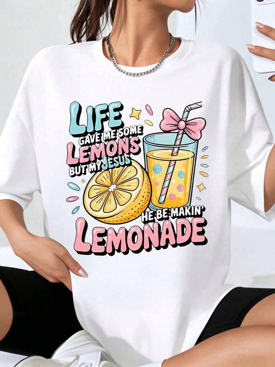 La vida me dio algunos limones, pero mi Jesús está haciendo limonada. Camiseta para mujer, linda, con gráfico de humor cristiano, top casual de verano. Playera holgada para mujer. - Blanco - Ver 1