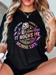 Camiseta casual con estampado de calaveras, camiseta para uso diario, camiseta para vacaciones, camiseta deportiva para mujer, suave y cómoda, adecuada para uso diario, oficina, escuela, vacaciones, camping, de estilo versátil, que hace que tu verano sea más vibrante y colorido. - Negro - Ver 7