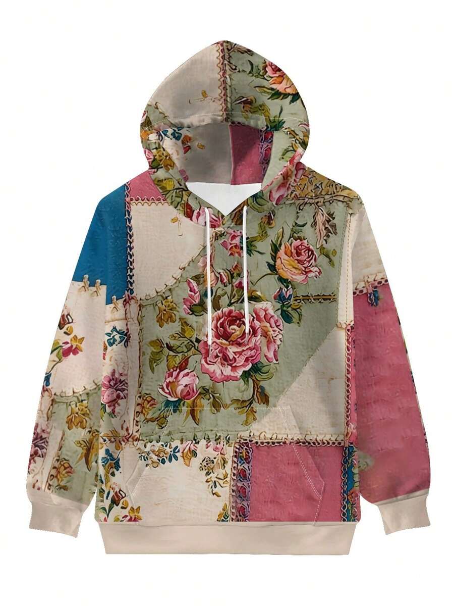 Women's 3D Printed Retro Bohemian Style Hoodie, Patchwork Design, Floral Pattern, Loose Fit, Warm, Suitable For Daily Street Wear, Suitable For Spring, Autumn, And Winter Seasons - Style - View 1