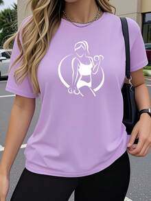 Women's Summer Clothes 2026, Short Sleeve T-Shirt, Y2K Style, Round Neck, Simple Fashion, Casual Sportswear For Training, Short Sleeve T-Shirt, Artistic And Modern Design With Sports Figure Print. 6G12 - 燻衣草淡紫 - 查看 6