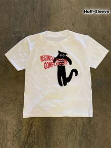 Playeras de mujer: Camiseta de manga corta con estampado de dibujos animados de gato de la marca de moda americana para mujer, estilo de pareja de verano, corte holgado casual, camiseta de media manga estilo boyfriend. Blusas casuales para dama. - Blanco - Ver 2