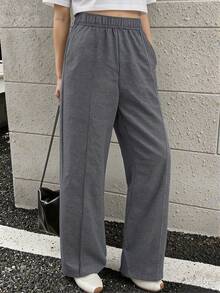 1pc Women's Casual Loose Waffle Straight Leg Pants, Versatile & Fashionable For Outdoor - Dark Grey - View 3