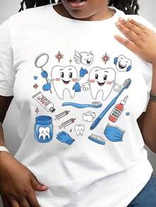 Moderno1pc Camiseta Casual para Mujer con Temática Dental - Divertido Estampado de Dientes y Herramientas de Cuidado Dental, Camiseta Negra de Manga Corta con Cuello Redondo, Perfecta para Dentistas, Asistentes Dentales y como Regalo para las Fiestas. - Blanco - Ver 1