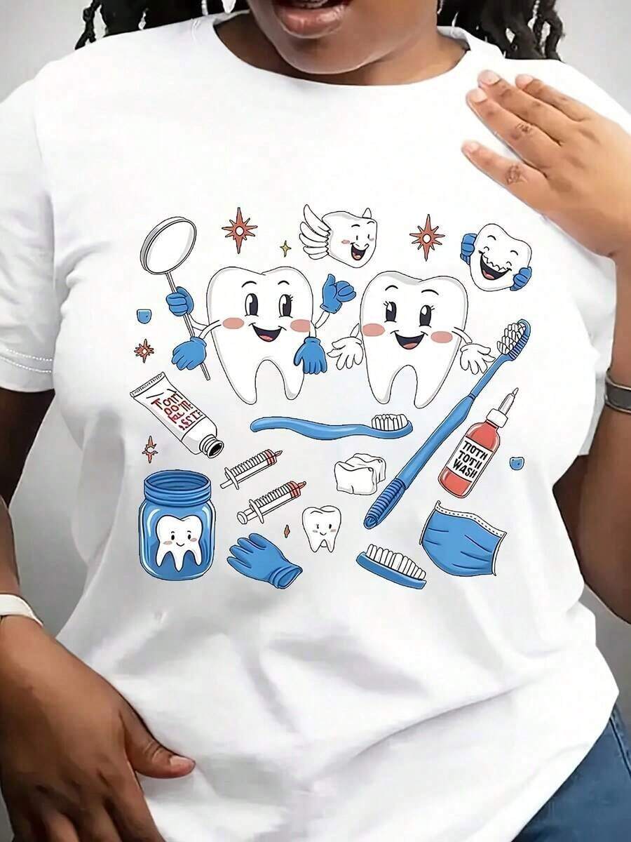 Moderno1pc Camiseta Casual para Mujer con Temática Dental - Divertido Estampado de Dientes y Herramientas de Cuidado Dental, Camiseta Negra de Manga Corta con Cuello Redondo, Perfecta para Dentistas, Asistentes Dentales y como Regalo para las Fiestas. - Blanco - Ver 1