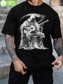 Camiseta negra para hombre con un estampado del Grim Reaper tocando la guitarra - Ropa casual - Negro - Ver 7