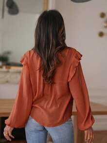 Women's Solid Color Ruffle Hem Casual Versatile Daily Wear Shirt - Rust Brown - View 2