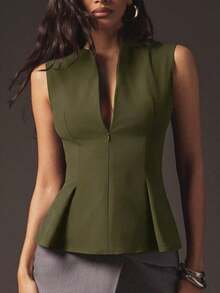 Blusa estructurada sin mangas con cremallera frontal y volante, para uso casual en la oficina - Verde militar - Ver 1