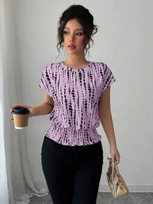 Camiseta de mujer de cuello redondo con estampado, cintura elástica, mangas raglán, apta para primavera/verano/otoño/invierno.Ropa de mujer elegante para conciertos, eventos, diario, commute, bodas, festivales de música. - Púrpura malva - Ver 3