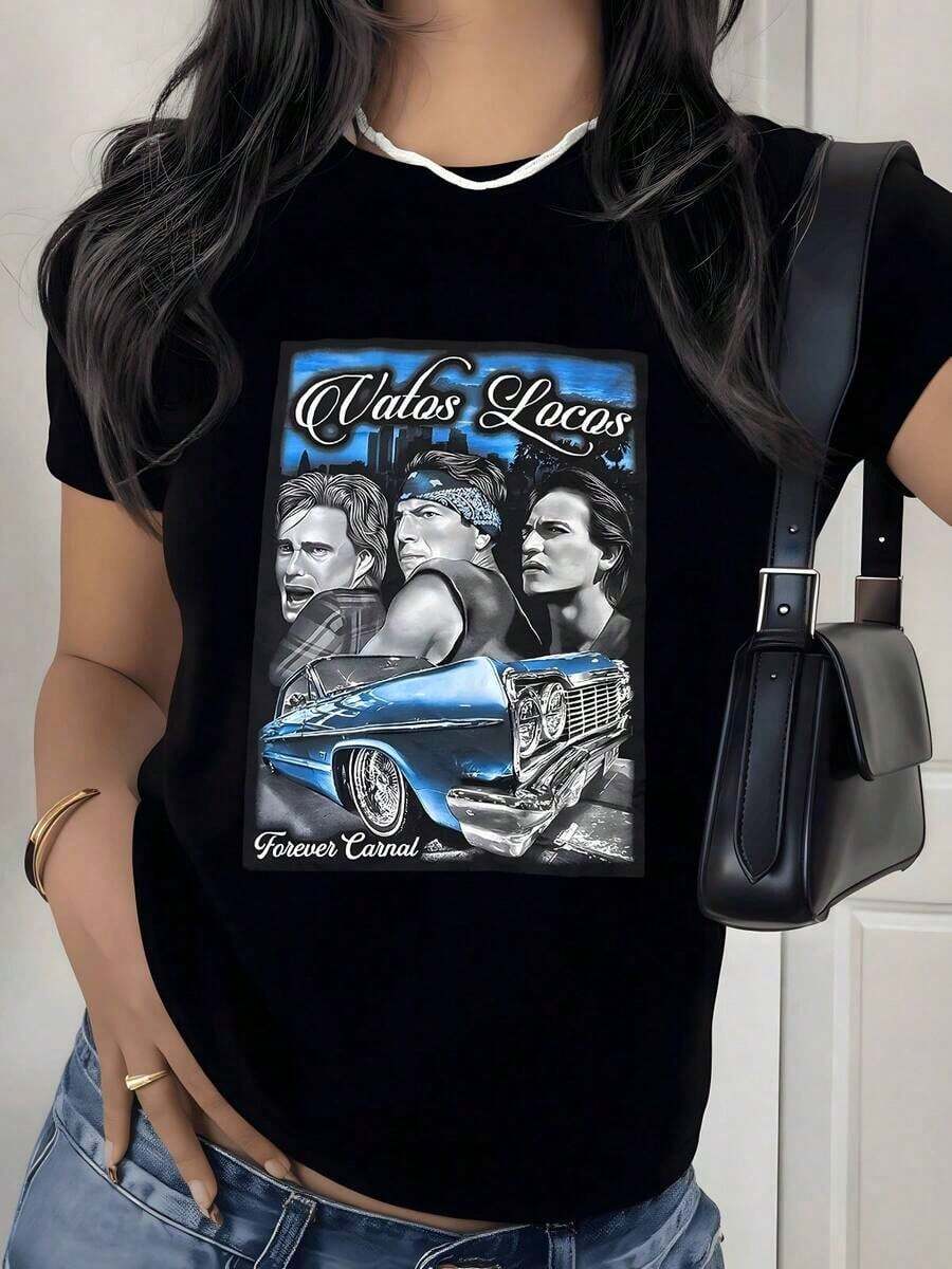 Camiseta con Estampado Gráfico de Coche Lowrider Vintage, 180g, 1 Pieza, Arte Urbano Retro, Camiseta Casual de Mujer 100% Algodón, Estilo Urbano - Negro - Ver 1