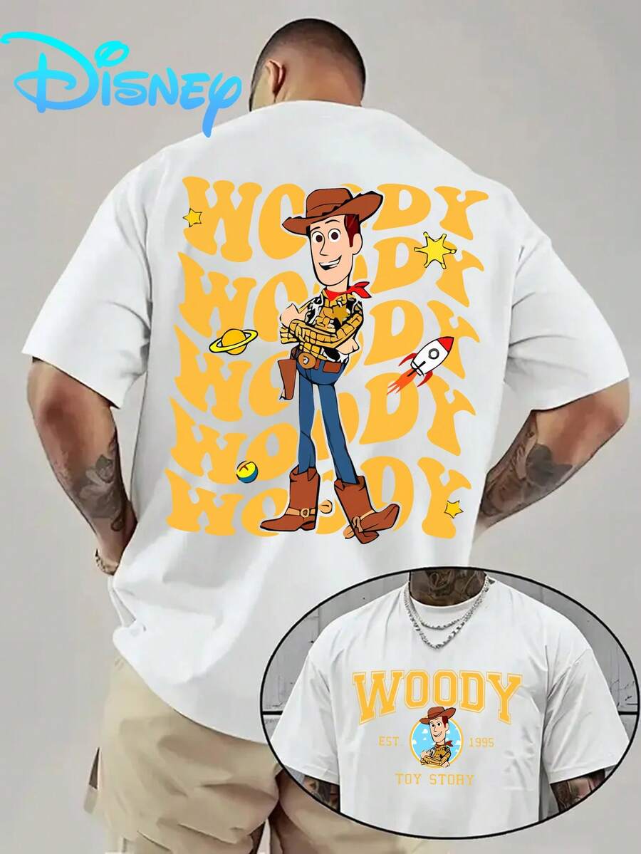 DISNEY Licensed Toy Story Woody T-Shirt For Men - Woody Bullseye Print Crew Neck Short Sleeve Tee With Iconic WOODY Lettering, Breathable Summer Casual Wear, Machine Washable Suitable For Casual Outfits & Toy Story Themed Apparel - trắng - Xem 1