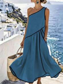 Vestido casual de mujer con ribete de contraste, verano - Caqui - Ver 8