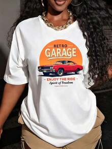 Playera Holgada para Mujer, Estilo Retro de Garaje, Transpirable, para Amantes de los Coches - Blanco - Ver 7