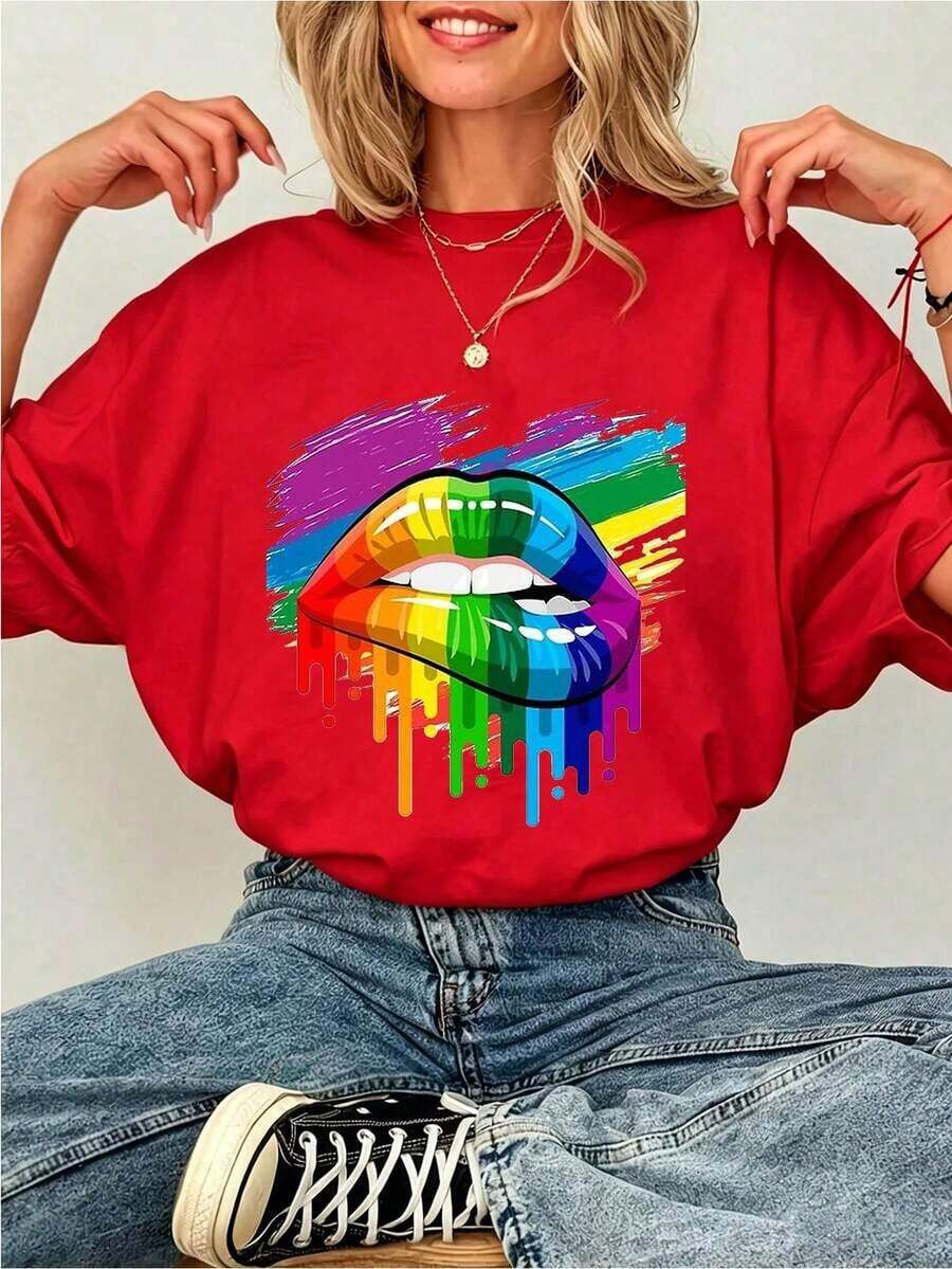 Women's Oversized Cotton T-Shirt With Rainbow Lips Print - Y2K Pride Inspired Streetwear Style, Dripping Paint Print, Casual Short Sleeve, Drop Shoulder, Ideal Birthday Or Holiday Gift For Her. - 紅色 - 查看 1