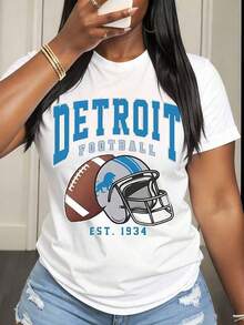Women's Casual T-Shirt With Detroit Est. 1934 American Football Helmet And Ball Print, For Sports Fans And Everyday Wear - 白色 - 查看 6