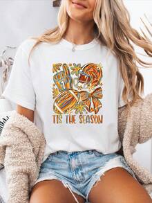 Camiseta de Mujer con Estampado GAME DAY para Primavera-Verano - Top Casual de Cuello Redondo y Manga Corta, para Días de Juego, Eventos Deportivos y Atuendos Informales - Blusa Atlética Lavable aáquinaDaily Casual Round Neck Short Sleeve-Shirt Women - Blanco - Ver 1