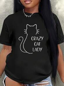 Camiseta de manga corta de poliéster, estampada con el diseño "", ligera y duradera, adecuada para el hogar, cafeterías o uso casual al aire libre, un diseño divertido para amantes de los gatos. - Negro - Ver 7
