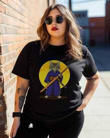 Camisetas para Mujer de Manga Corta, Algodón, Cuello Redondo, Camisetas con Estampado de Animales de Dibujos Animados, Gato, Samurai, Camisetas Básicas Casuales, Tallas XS-5XL, Negro XS - Negro - Ver 3
