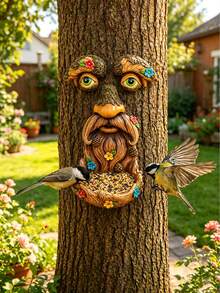 Comedero de pájaros con cara de árbol, decoración de resina de anciano abrazando árbol, escultura de jardín onírica, comedero de pájaros para el patio, decoración de cara de árbol para exteriores adecuada para patio, jardín trasero, bosque, jardín, comedero perfecto para pájaros silvestres, regalo de jardinería único para amantes de la naturaleza - B - Ver 2