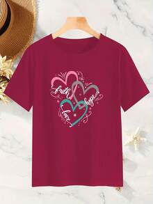 Plus Size Women's T-Shirt - Heart Print T-Shirt With Faith, Love, And Hope Lettering, Short Sleeve, Crew Neck, Casual Style, Elegant And Romantic Top, Fashionable For Work, Vacation, And Everyday Wear, Opaque Material, Machine Washable. CQ7P - 紅色 - 查看 2