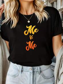 Camiseta negra minimalista con estampado de letras, moderna y versátil, de corte holgado y manga corta, top de moda para mujer. - Negro - Ver 5