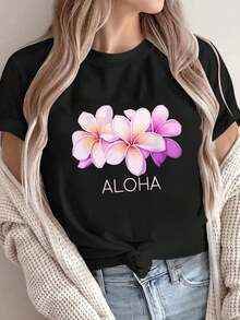 Women's T-Shirt, 100% Pure Cotton, Bohemian Style, With Artistic Floral Print, Casual, Basic, Short Sleeve, Fashionable. Women's T-Shirt With Vintage Bohemian Pattern, 100% Cotton, Soft, Breathable, Round Neck, Short Sleeve, Urban Boho Style. - 黑色 - 查看 1