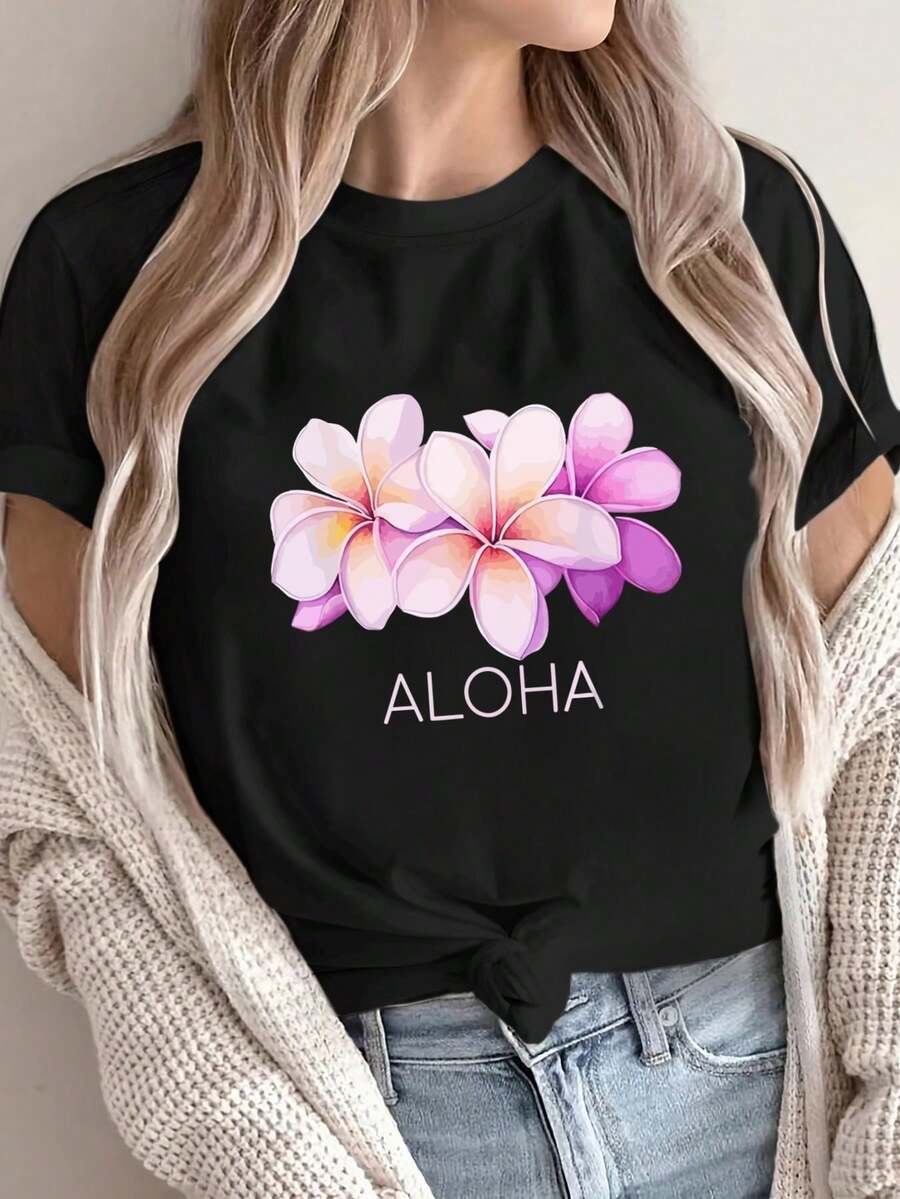 Women's T-Shirt, 100% Pure Cotton, Bohemian Style, With Artistic Floral Print, Casual, Basic, Short Sleeve, Fashionable. Women's T-Shirt With Vintage Bohemian Pattern, 100% Cotton, Soft, Breathable, Round Neck, Short Sleeve, Urban Boho Style. - 黑色 - 查看 1