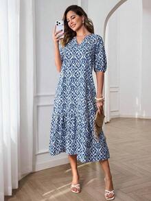 Vestido de verano con estampado completo, cuello con muesca y mangas abullonadas, estilo bohemio para vacaciones - Multicolor - Ver 11