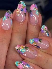 24 pegatinas de uñas con forma de almendra y diseño floral colorido, serie de colores de dopamina, elegante y brillante, se ajusta perfectamente a las uñas de almendra. Adecuado para uñas de verano, manicura francesa, uso diario, festivales y fiestas - Multicolor - Ver 7