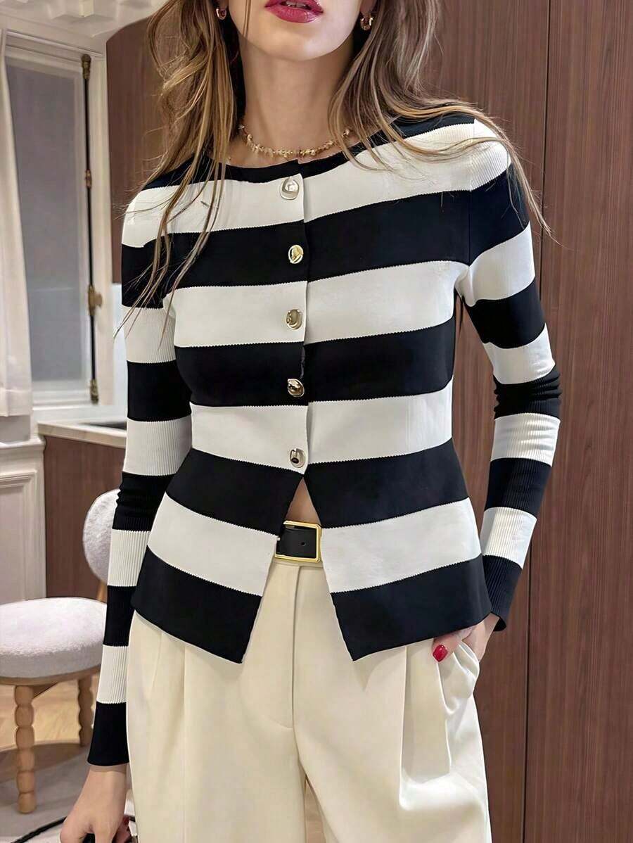 Cárdigan de punto de manga larga con cuello redondo ajustado, a rayas en blanco y negro, de estilo casual francés para mujer, para primavera/otoño - Blanco y Negro - Ver 1