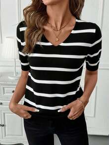 Suéter de punto casual con cuello en V, mangas raglán y rayas para mujer - Blanco y Negro - Ver 6