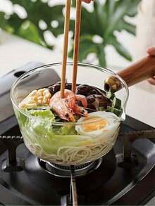 1pc Transparent Glass Milk Pot With Wooden Handle, Heat-Resistant Soup Pot, Baby Food Pot, Noodle Pot, Salad Bowl, Instant Noodle Bowl, Suitable For Electric Ceramic Stove And Gas Open Flame, High Heat Resistance Non-Stick Glass Pot For Heating Milk, Butter, Noodles, Sauces And Cooking Seafood - View 4