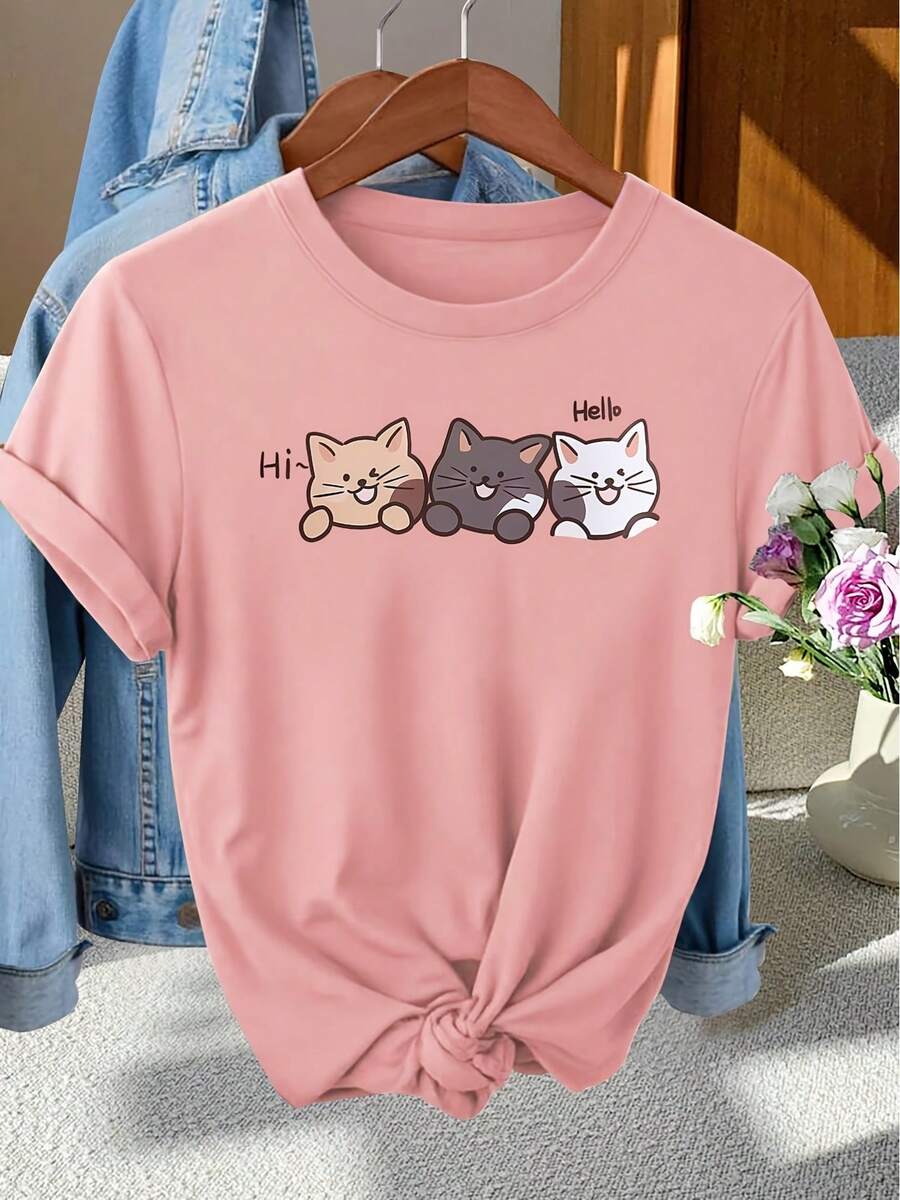 Elegant Women's Short Sleeve Crew Neck T-Shirt With "Hi Hello" Print And Three Cats Peeking Out, For Spring, Summer And Autumn, Versatile Vintage Style For Daily Wear, Holidays And Travel - 粉色 - 查看 1