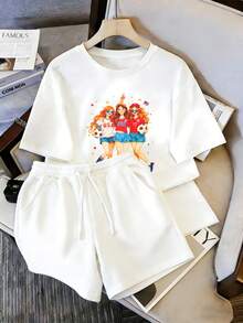 Conjunto Casual para Mujer, Playera con Estampado de Chicas Futboleras + Pantalones Cortos de Dos Piezas - Camiseta blanca + pantalón corto blanco - Ver 1