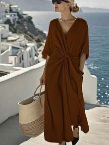 Holidaya Vestido largo con cuello en V, manga corta, cintura elástica y nudo retorcido, adecuado para primavera, verano, otoño e invierno, apropiado para ir al trabajo, uso diario, elegante, fiesta, playa, romántico, Día de San Valentín, graduación, moda, casual, negocios, oficina, versátil - Marrón - Ver 7