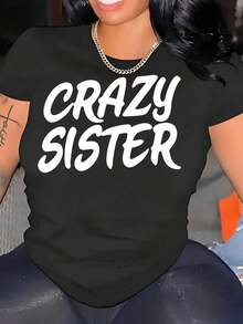 Camiseta Casual con Estampado de Hermana Loca para Mujer, Regalo Divertido para Hermanas, Ropa Casual para Salidas Diarias y Eventos Familiares para Mujeres - Negro - Ver 6