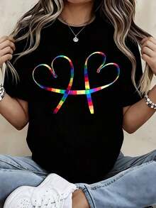 Camiseta con Estampado de Corazón Arcoíris e Inicial H, Ropa Casual Deportiva para Mujer - Estilo Vintage Urbano, Unisex, de Algodón, Manga Corta, Cuello Redondo, 100% Algodón - Negro - Ver 7