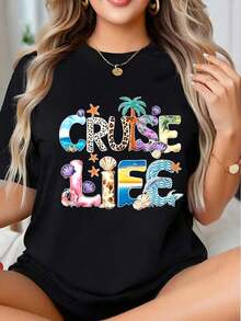 Camiseta de Vacaciones en un Paraíso Tropical con Diseño de Palmeras y Conchas Marinas para Escapadas a la Playa y Viajes de Verano - Estilo Urbano Vintage Unisex, Camiseta de Manga Corta de Algodón 100% con Cuello Redondo - Negro - Ver 7