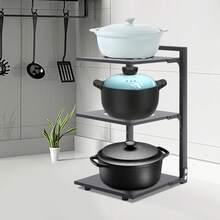 OUKANING 3-Tier Carbon Steel Pot Rack, Adjustable Removable Pan Organizer With Drainage Holes, 44lbs Per Tier For Countertop Cabinet Kitchen Storage - 黑色 - 查看 3