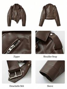 Women's Simple Solid Color Short Jacket With Zipper For Everyday Wear - Coffee Brown - View 3
