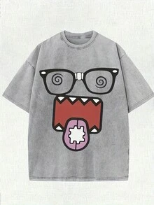 Camiseta de estilo urbano vintage lavada 100% algodón de 220 g para hombre y mujer - Personaje de dibujos animados divertido con gafas de montura negra y estampado de remolinos rosas, cuello redondo holgado, manga corta, top casual de verano, camiseta con estampado divertido, camisa de textura suave. - Negro - Ver 5