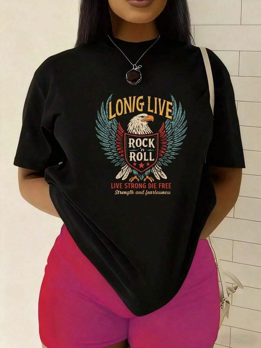 Camiseta Y2K exclusiva con diseño de águila rockera y mensaje Long Live Rock and Roll, perfecta para los amantes de la música y la moda urbana en México, cómoda y moderna, ideal para destacar tu estilo único y audaz, ¡no te quedes sin la tuya! - Negro - Ver 1