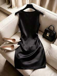 Vestido de mujer de alta gama con pliegues sin mangas y sexy, vestido de mujer para primavera/verano, adecuado para vacaciones, salidas, Y2K, primavera, verano, vuelta al colegio, casual, playa, negocios, versátil, vestido negro de mujer - Negro - Ver 2